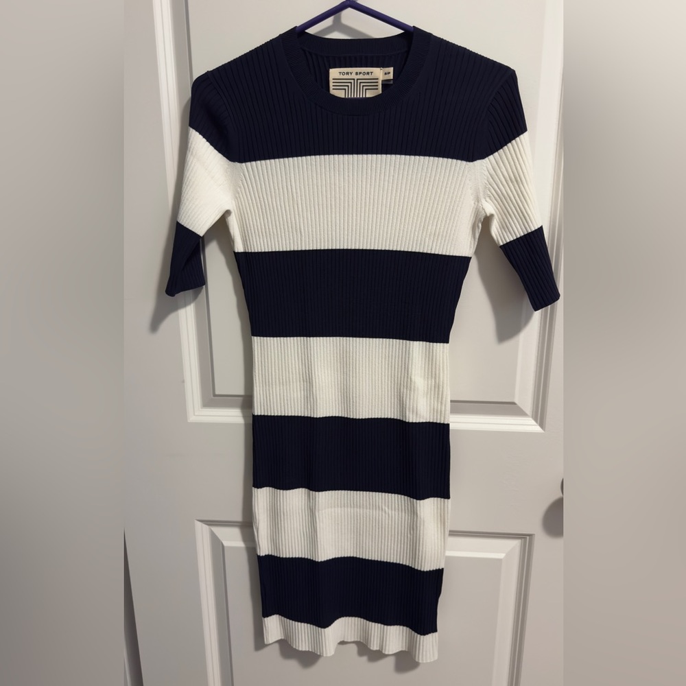 Tory Sport Tech Knit Ribbed Navy and White Striped Dress. Size Small.